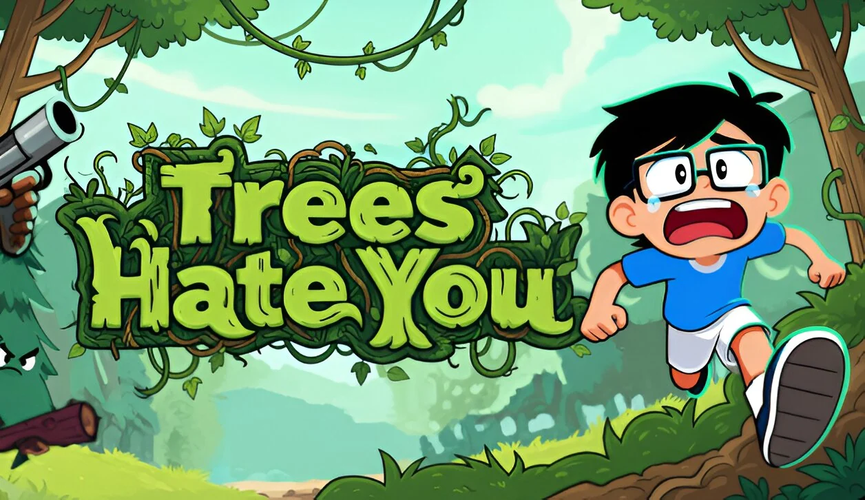 A stylized forest scene from Trees Hate You with the title displayed above the path.